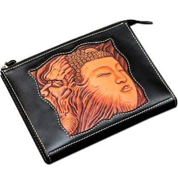 

Handmade Men Vegetable Tanned Leather Bag Money Holder Buddha Devil Clutch Purse Cigarette Pocket Man Clutches Envelope