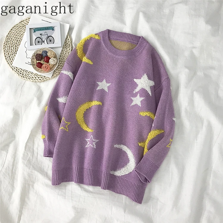 Gaganight Moon Stars корейский Свободный женский свитер с длинным рукавом и круглым вырезом студенческий пуловер осень зима Повседневный джемпер вязаный шик