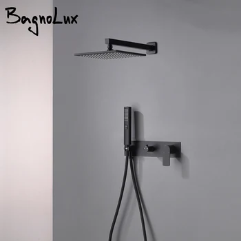 

Bagnolux Brass Matte Black Wall-Mounted 2Function Double Switch Hot And Cold Water Concealed Rain Shower System Bathroom Faucet