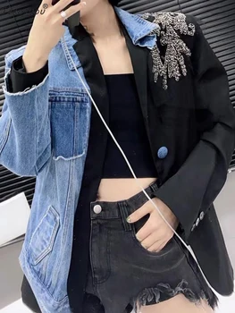 

Heavy craftsmanship Beading Contrasting color Lapel Irregular denim jacket Ladies' autumn new style Personality All-match top