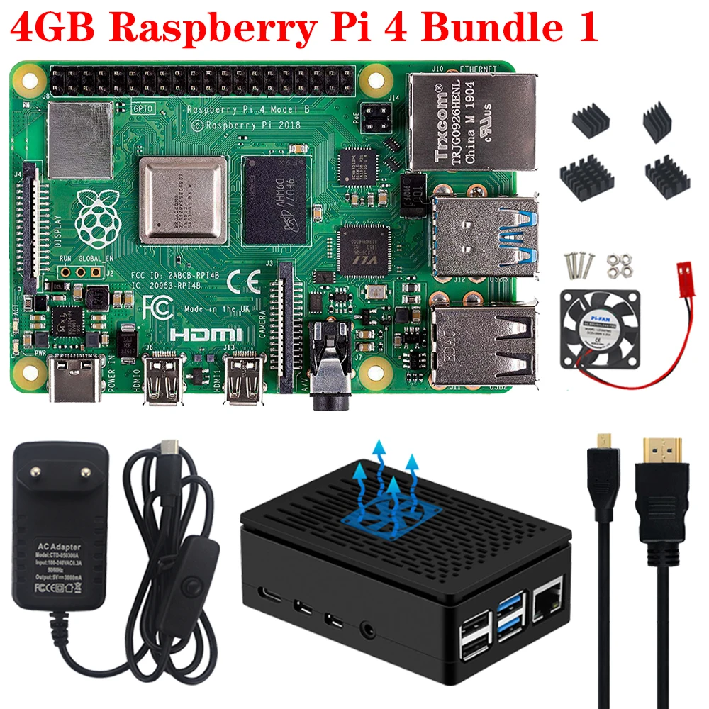 Raspberry Pi 4 Модель B комплект+ ABS чехол+ вентилятор или 3,5 дюймовый сенсорный экран+ 3A type-C Блок питания+ радиатор для Raspberry Pi 4 4B