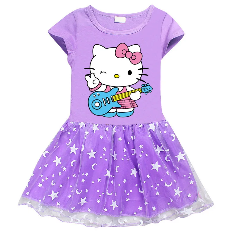 Ropa para niños de Hello Kitty, falda de princesa a la moda de algodón puro, vestido plisado de manga corta con estampado de dibujos animados para niñas