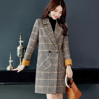 

Autumn Winter Coats Women Plaid Jackets Female Warm Wool Long Coat Leisure Office Lapel Button Blends Coat Abrigo Mujer Invierno