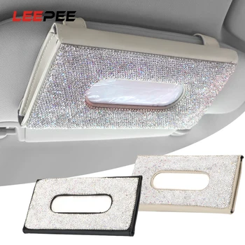 

LEEPEE PU Leather Crystals Rhinestone Car Visor Tissue Holder Hanging Car Tissue Box Paper Towel Cover Case Car Styling