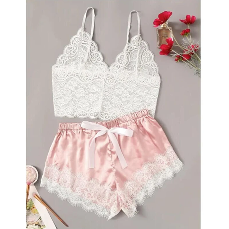 

2Pcs Women V Neck Sleeveless Crop Tops Elastic Bowknot Shorts Ladies Two Piece Set Solid Color Lace Pajama Set Sleepwear Summer