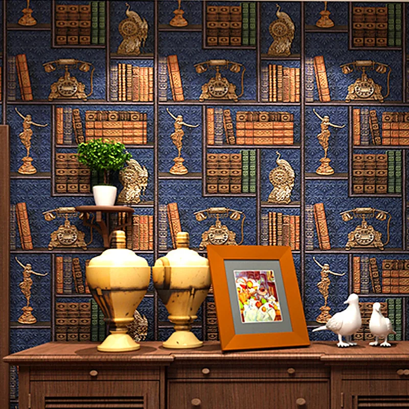 

3D Creative Bookshelf Library American Vintage European Style Wallpaper Coffee Shop Chinese Style TV Backdrop Wallpaper