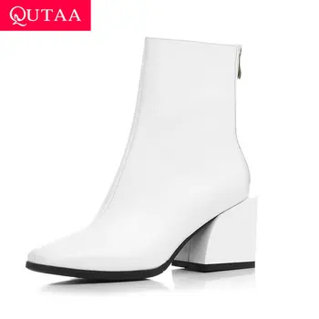 

QUTAA 2021 Square Toe Zipper Autumn Winter Ankle Boots Square High Heel Fashion Women Shoes Cow Leather Ladies Pumps Size 34-39