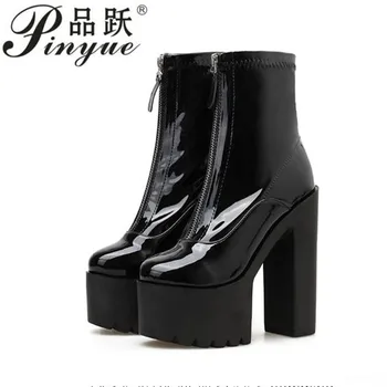 

Front zipper stage Women's Comfy Elastic Platform Boots Round Toe Chunky High Heel Pull on Ankle Booties Patent leather boots