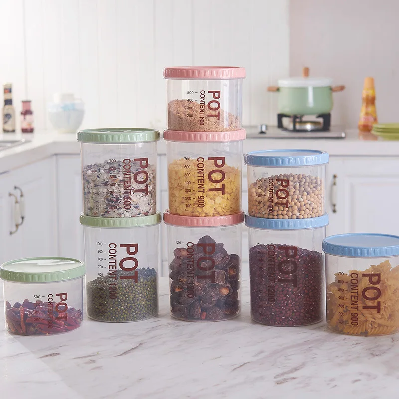 

Kitchen Circle Sealed Jar Plastic Transparent Freshness Storage Tank Food Dried Goods Storage Tank-Superimposed