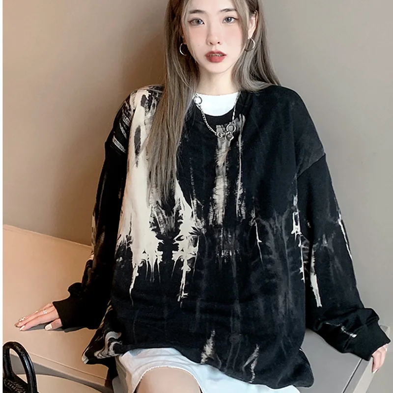 Tie Dye Black Crewneck Sweatshirt Oversize Loose Long Sleeve Spring and Autumn Streetwear Korean Personality Chic Ladies Tops | Женская