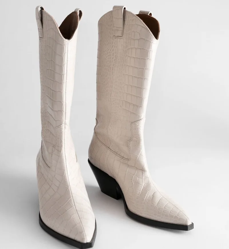 Модные сапоги до колена размера плюс; женские ковбойские сапоги из микрофибры в западном стиле; мотоботы на толстом каблуке; женская зимняя обувь - Цвет: beige pink