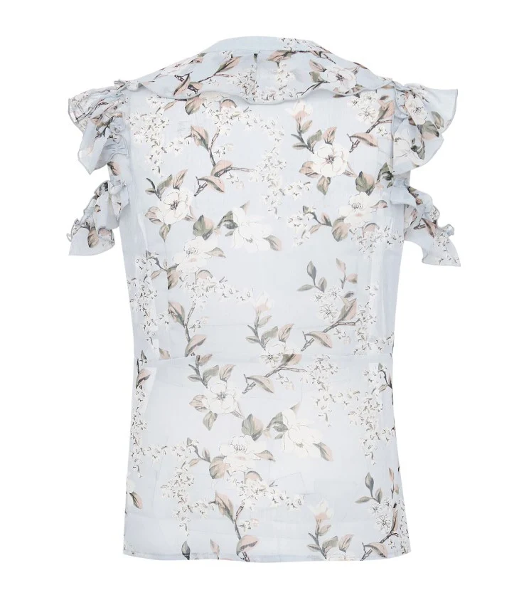 ONLY Womens Ruffled V-neckline Floral Short-sleeved Chiffon Shirt | 119104501