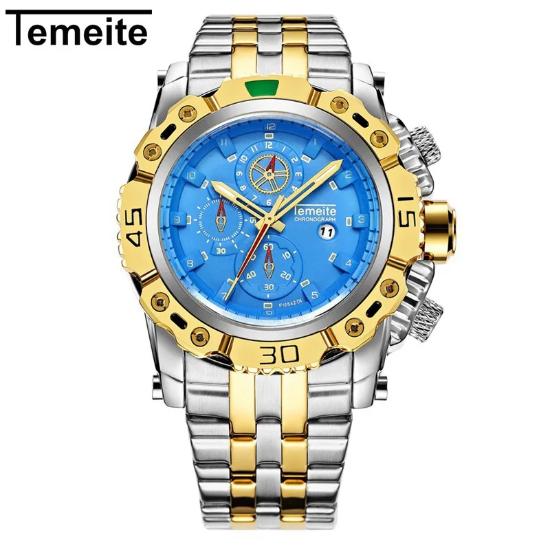 Роскошные золотые мужские наручные часы Кварцевые водонепроницаемые TEMEITE Брендовые мужские часы полностью стальные мужские часы Citizen movement 3D dial design - Цвет: silver gold blue