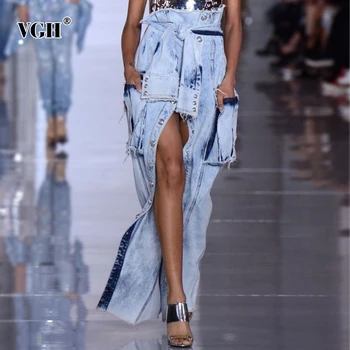 

VGH Casual Patchwork Asymmetricsl Skirt Women High Waist Lace Up Lace Up Side Split Midi Female Skirts Clothes 2020 Fashion Tide