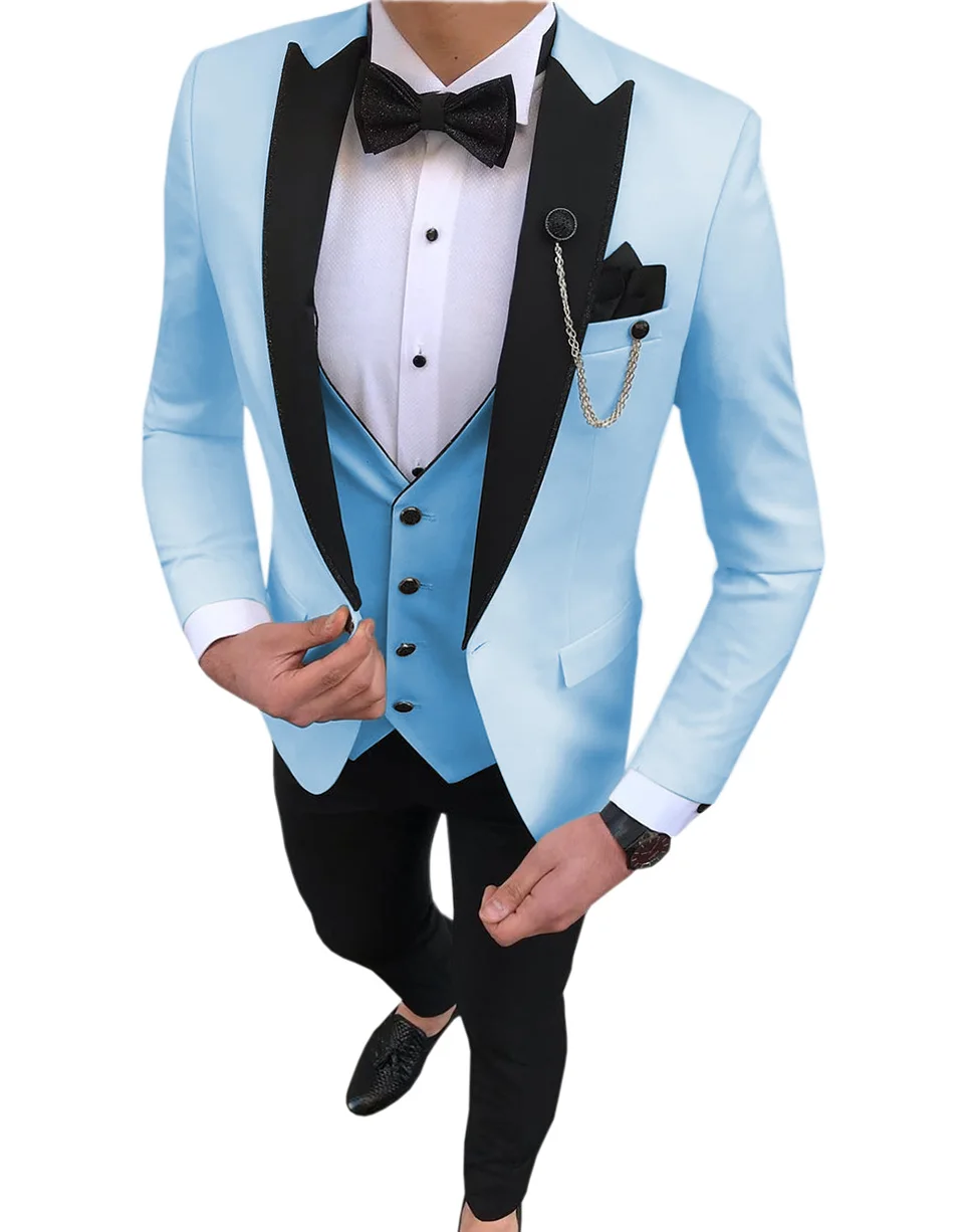 sky blue Мужские костюмы из 3 предметов, облегающий повседневный мужской костюм с отворотом белого цвета слоновой кости, деловой смокинг для торжественных свадеб(Блейзер+ брюки+ жилет - Цвет: sky blue
