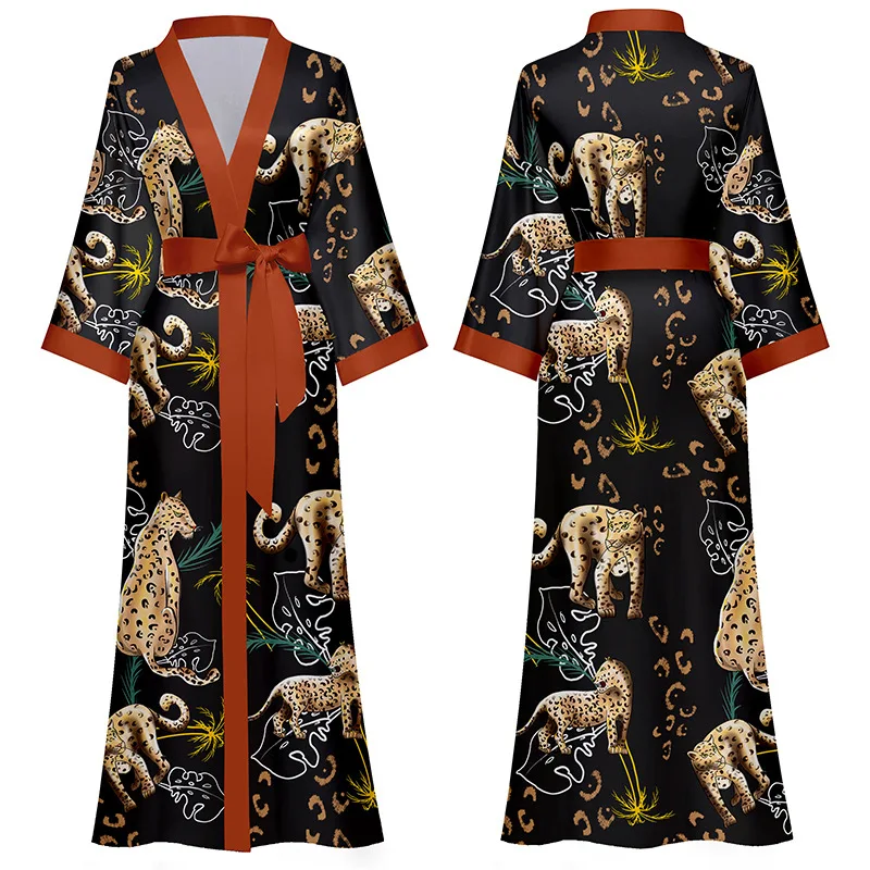

Floral Print Kimono Robe Gown Women's Faux Silk Bathrobe Spring Autumn Loose Home Dress Lounge Pyjamas Half Sleeve Sleepwear