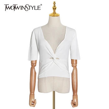 

TWOTWINSTYLE Ruched Knitted White Women's T Shirt V Neck Short Sleeve Irregular Hem Shirts Female 2020 Summer Fashion New