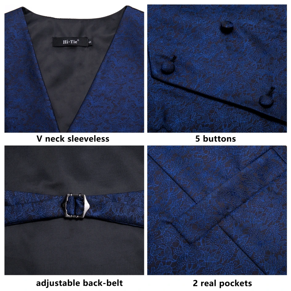 Hi-Tie 20 Color Silk Men's Vests and Tie Business Formal Dresses Slim Vest 4PC Hanky cufflinks for Suit Blue Paisley Waistcoat blazer suit