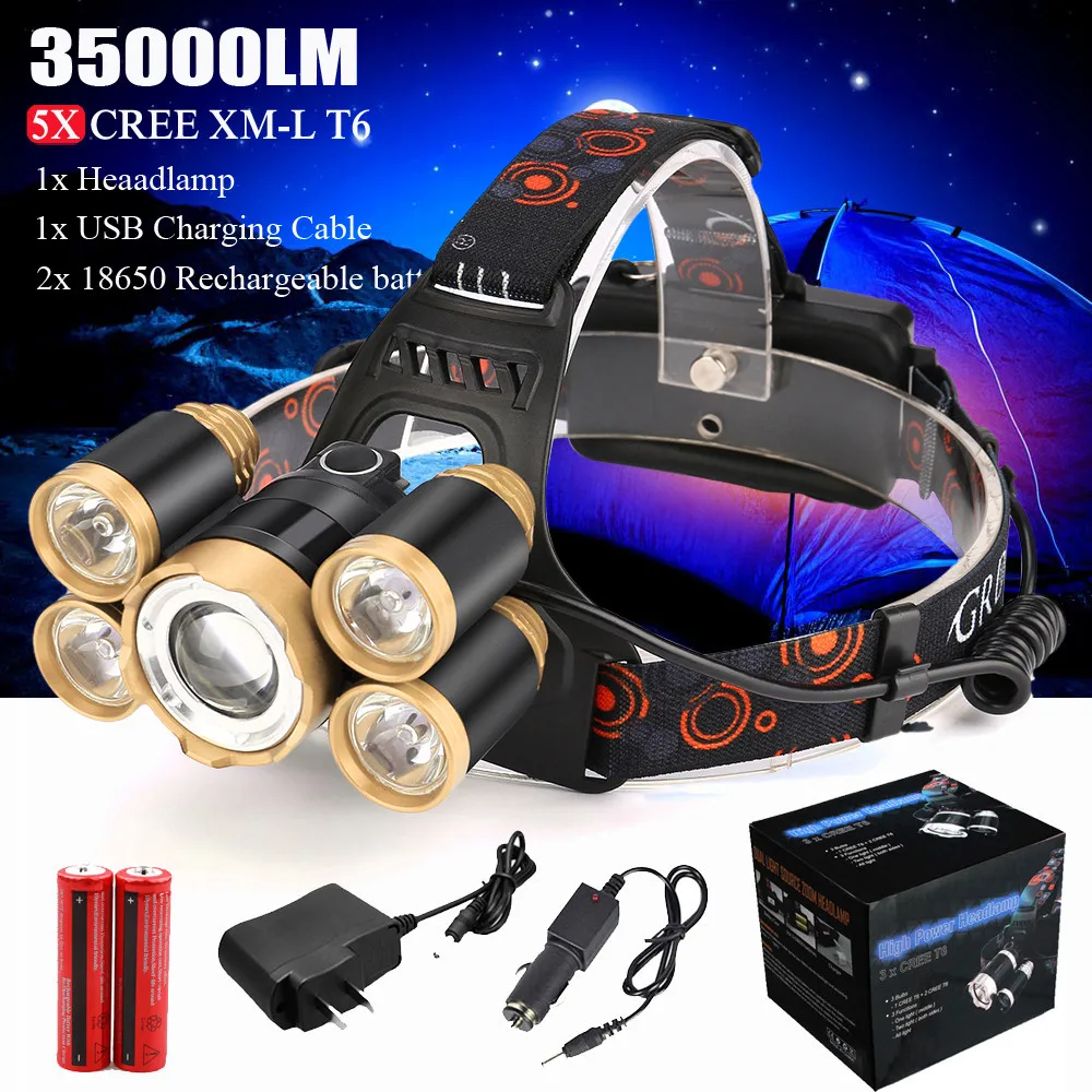 Gold set 35000лм налобный фонарь 5x CREE XM-L T6 светодиодный налобный светильник вспышка светильник налобный светильник 18650 перезаряжаемый аккумулятор AC Зарядка на открытом воздухе кемпинг - Испускаемый цвет: Gold set