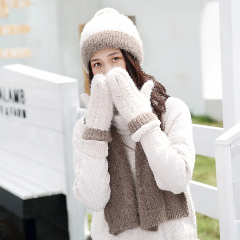 Искусственный мех зимняя шапка шарф наборы перчаток Твердые толстые теплые уличные женские шапки перчатки набор модные уличные ветрозащитные шапочки для девочек - Цвет: D
