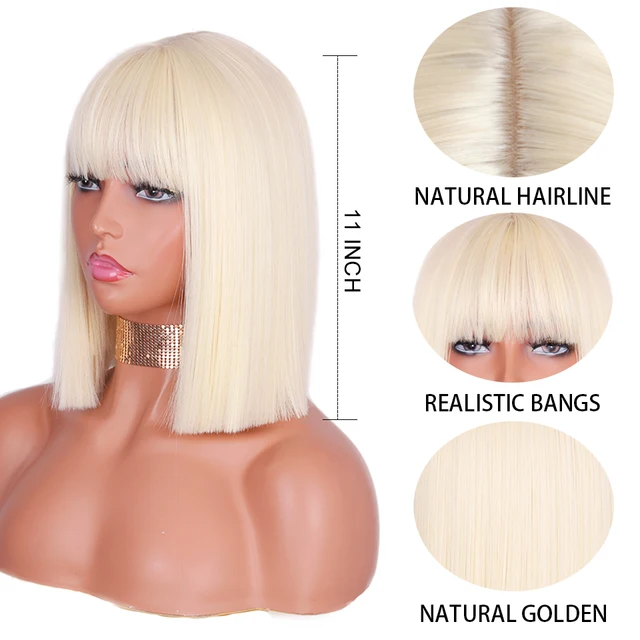 Stunning synthetic blonde wig for party! Designed with bangs and a short bob style, this golden wig will give you a natural and glamorous look. It is heat resistant and measures 11 inches in length, making it perfect for any occasion. - Image 2
