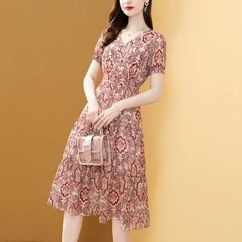 

Gedivoen Fashion Runway Summer Dress Women V Neck Print Chiffon High Waist A Line Dress Vintage Party Midi Dresses Vestidos