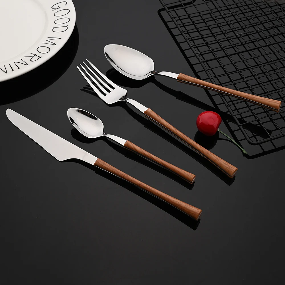 Wooden Handle Western Tableware Stainless Steel Dinnerware Cutlery Set Silver Knife Tea Fork Coffee Spoon Dinner Flatware Set
