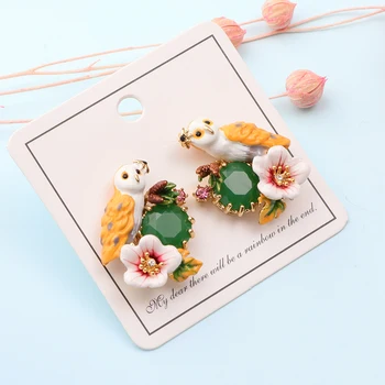 

The new 2019 enamel glaze owl turquoise earrings boom flowers set auger, the silver earrings female French
