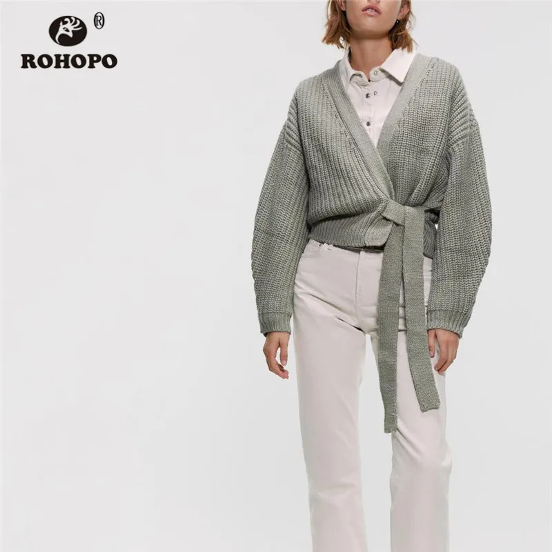 

ROHOPO Autumn Chic Solid Sweater V Collar Bow Waistband Lantern Long Sleeve Thicken Knitted Tunic Cardigan Sweaters #9708