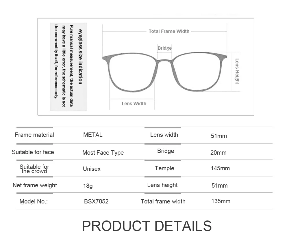 Female Glasses Frame BSX7052 Metal Full Rim Frame Eyeglasses Can Equip With Myopia Lens Quality Spectacles