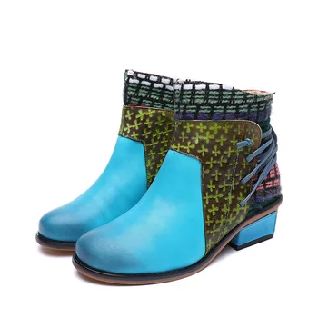 

SWYIVY Women Shoes Thick Heel Ankle Boots Blue Bandage 2019 New Female Vinteage Casual Martin Boots Shoes Genuine Leather Boot