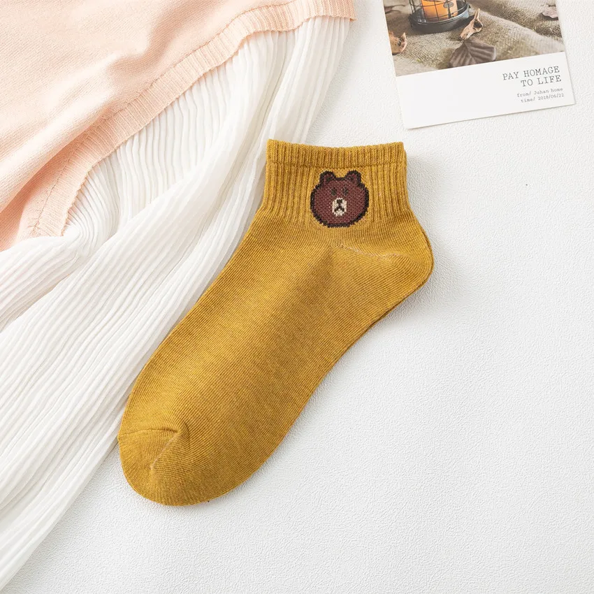 Весенние новые стильные женские носки, 3 шт., хлопковые женские носки с мультяшными животными, женские Носки с рисунком медведя в японском стиле - Цвет: Turmeric Brown Bear