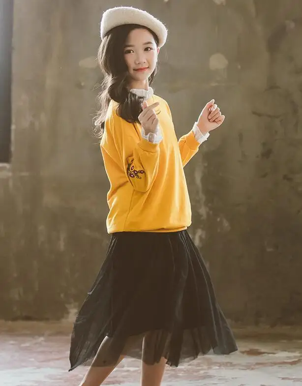9.28th Autumn Kids Sets Good Quality Children Leisure Top+ Gauze skirt Korean Girl Sets 110-160cm Retail