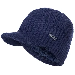Cozy Fur-Lined Winter Beanie Cap with Brim - Unisex Knitted Hat - 54cm-62cm (Navy Blue)