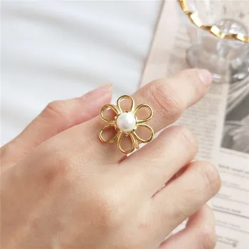 

POFUNUO Real 925 Sterling Silver Korean Style Women 18K Gold Sun Flower Rings Girls Cute Pearl Rings Super Mini Resizable Rings