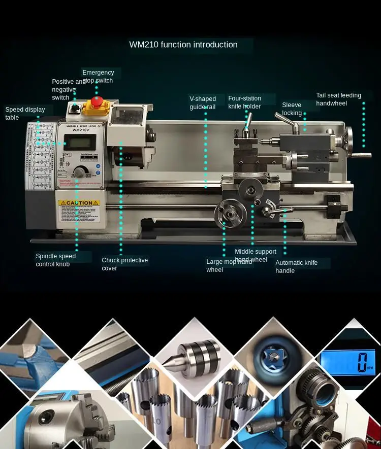 Mini high-Precision DIY Shop Benchtop Metal Lathe Tool Machine Variable Speed Milling