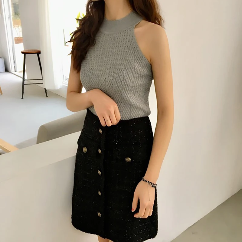 Knitted Cotton  Summer Sexy Cropped Crop Tops Women Off Shoulder Vest Tank Top Halter Sleeveless Vetement Femme Camisole