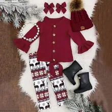 Рождественский наряд Одежда для маленьких девочек Рождественские топы с расклешенными рукавами, футболка+ штаны с принтом оленя Детская одежда Одежда для девочек