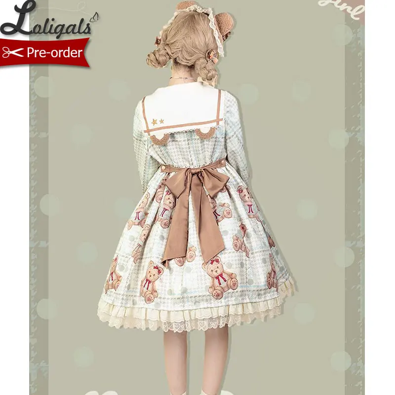 Navy Bear ~ Cute Plaid Long Sleeve Lolita OP Dress