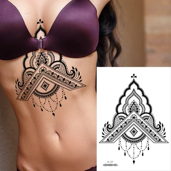 

mandala sternum temporary tattoo sexy women under breast tattoo lace black lotus flower waterproof tatoo fake mehndi henna decal