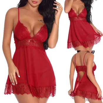 

Women Sexy Lace Lingerie Sleepshirt Homewear Nightdress Short Sleepwear See-Through Night Dress + Thong Babydoll Nightgowns*X