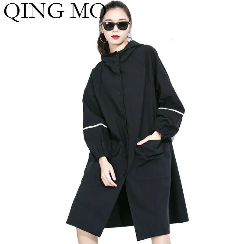 QING MO, модный бренд, черный, плюс размер, Женский Тренч, женское однобортное пальто с капюшоном, однотонная, с широкой талией, верхняя одежда, ZQY1893