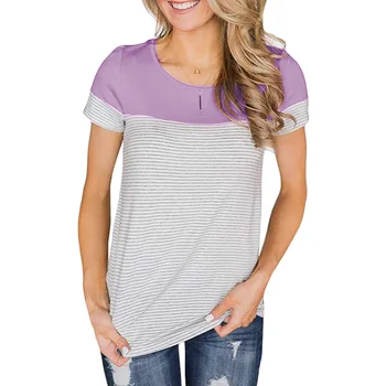 

2019 Summer New Women's Casual T-Shirt Loose Round Collar Striped Short Sleeve Patchwork Tops