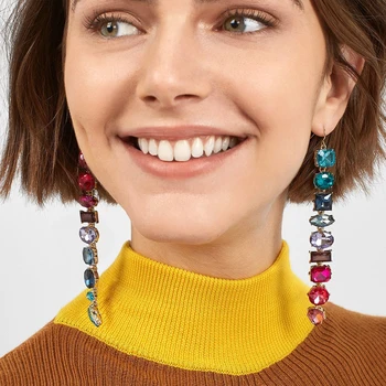 

2020 Za Brand Luxury Colorful Crystal Statement Earrings Elegant Multi Color Rhinestone Long Dangle Earrings Woman Party Earring