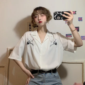 

Women Summer Fashion Brand Korea Style Crane Embroidery Short Sleeve Notched Shirt Female Casual Loose Shirt Cloth