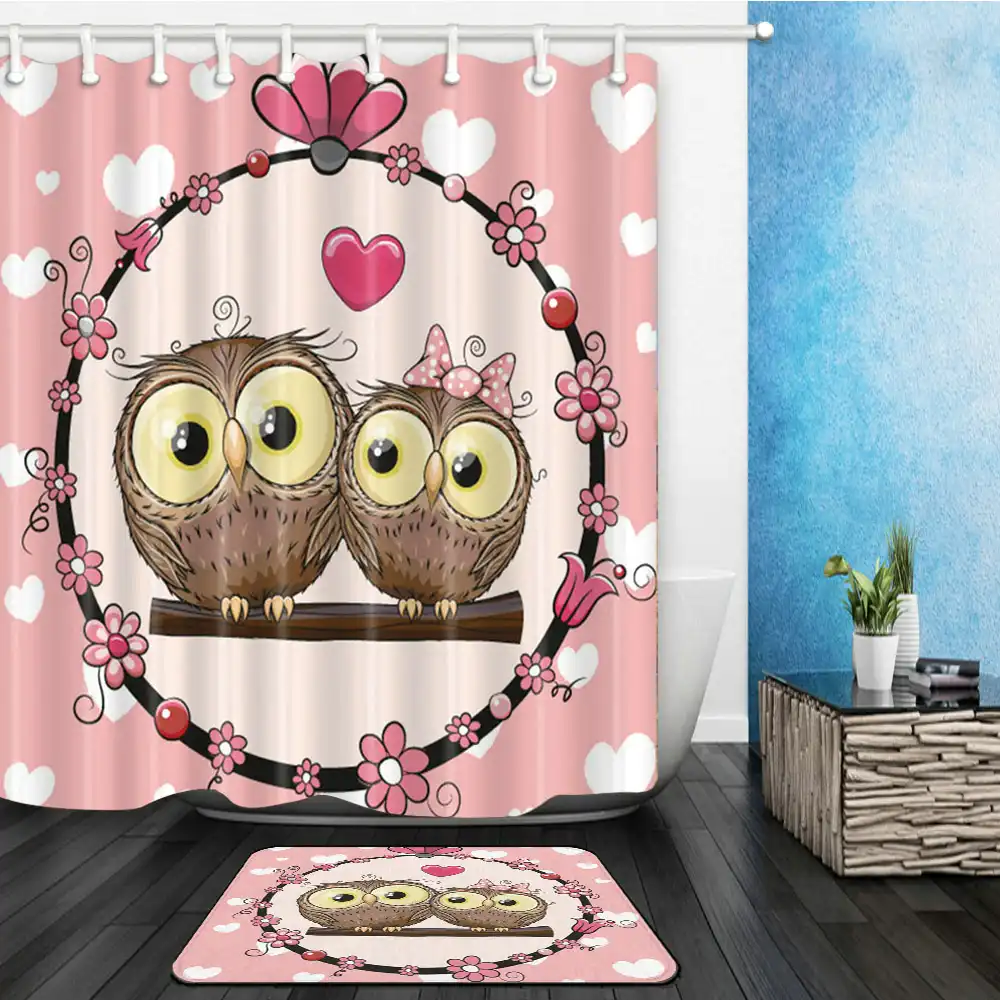 Cartoon Owl Shower Curtains Set Cute Bird Valentines Day Couples