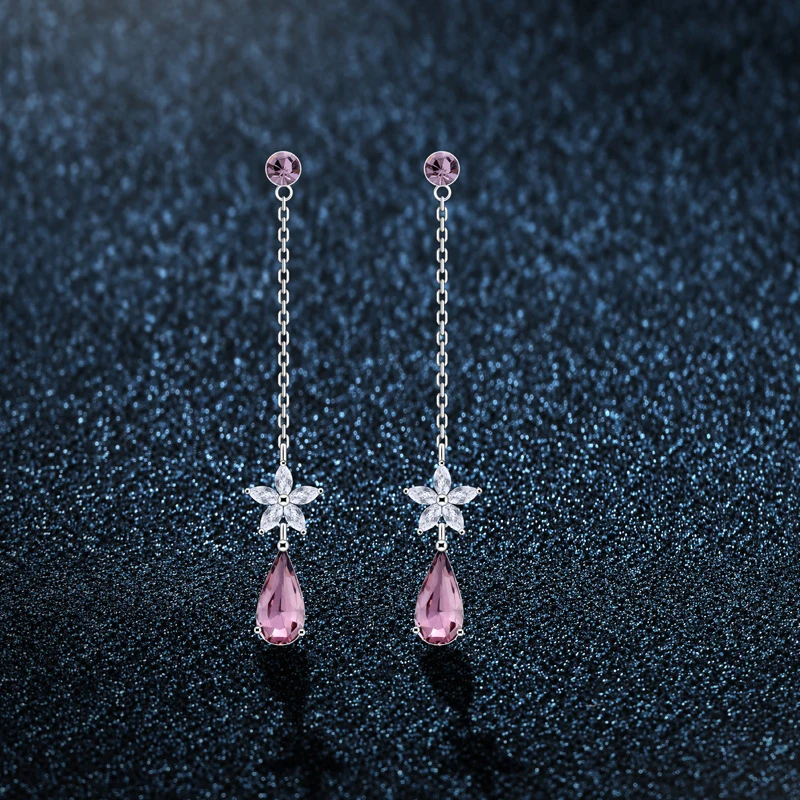 

Warme Farben Crystal from swarovski Drop earrings Zircon 925 Silver Long Chain Water Drop Women ' s Earring Jewelry Lady Weeding