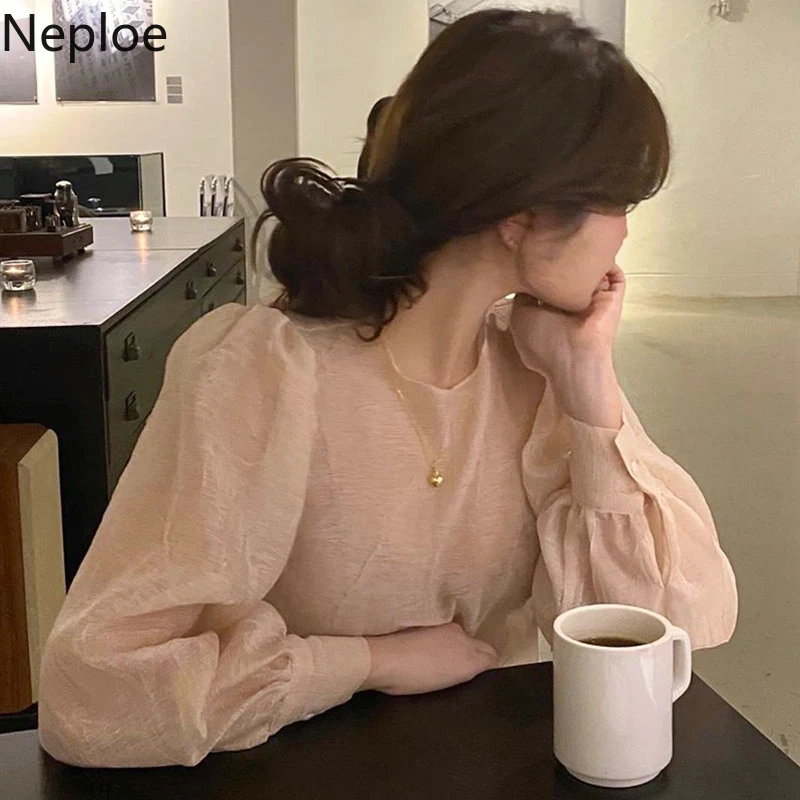 Neploe Корейская Ins блузка с круглым вырезом и пышными длинными рукавами розовая