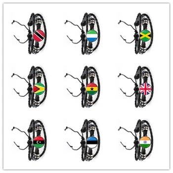 

Trinidad,Sierra leone,Jamaica,Guyana,Ghana,UK,Libya,Estonia,India National Flag Leather Bracelet For Women Men Jewelry Gift