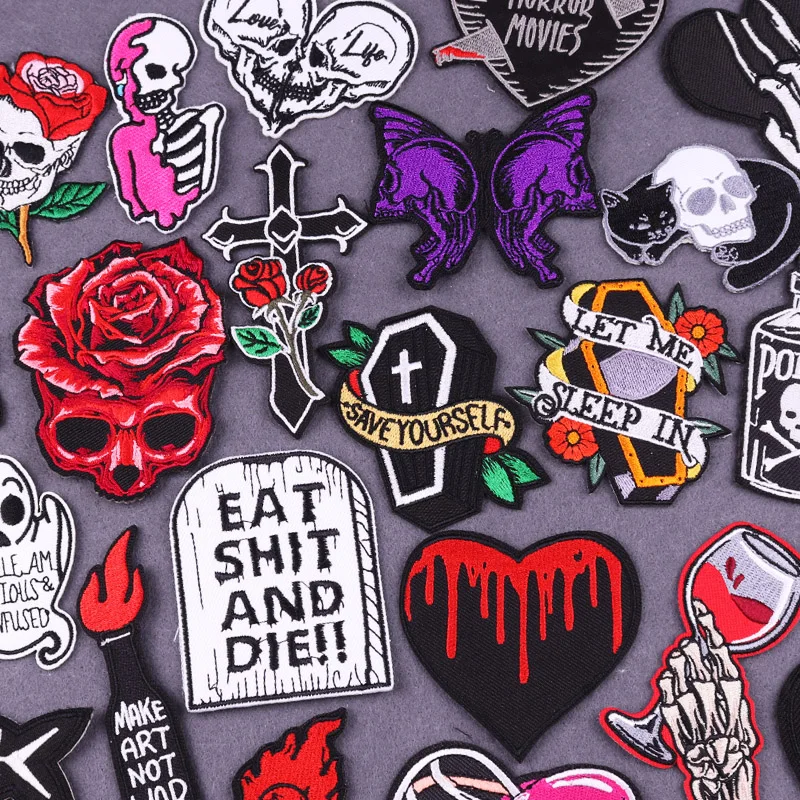 

Hippie Patches On Clothes Cross Coffin Ghost Patch Clothing Thermoadhesive Patches DIY Punk Skull Iron On Embroidered Applique